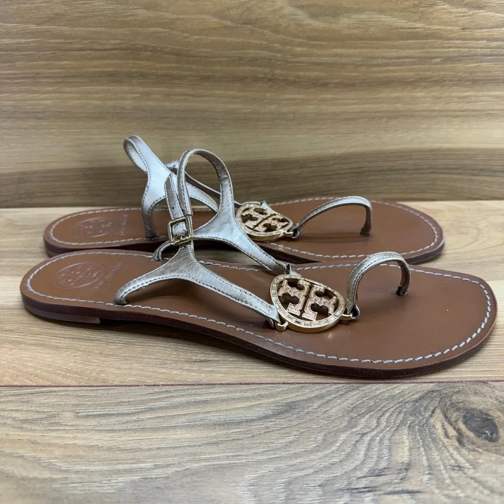 Tory Burch Gold T Strap Sandals Womens 11 M Leather Rhinestones Chic Travel